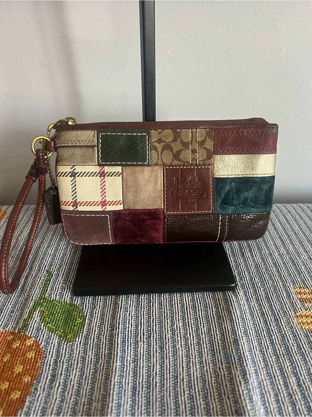 Coach Patchwork Wristlet in Burgundy, Teal, Green, Cream & Brown